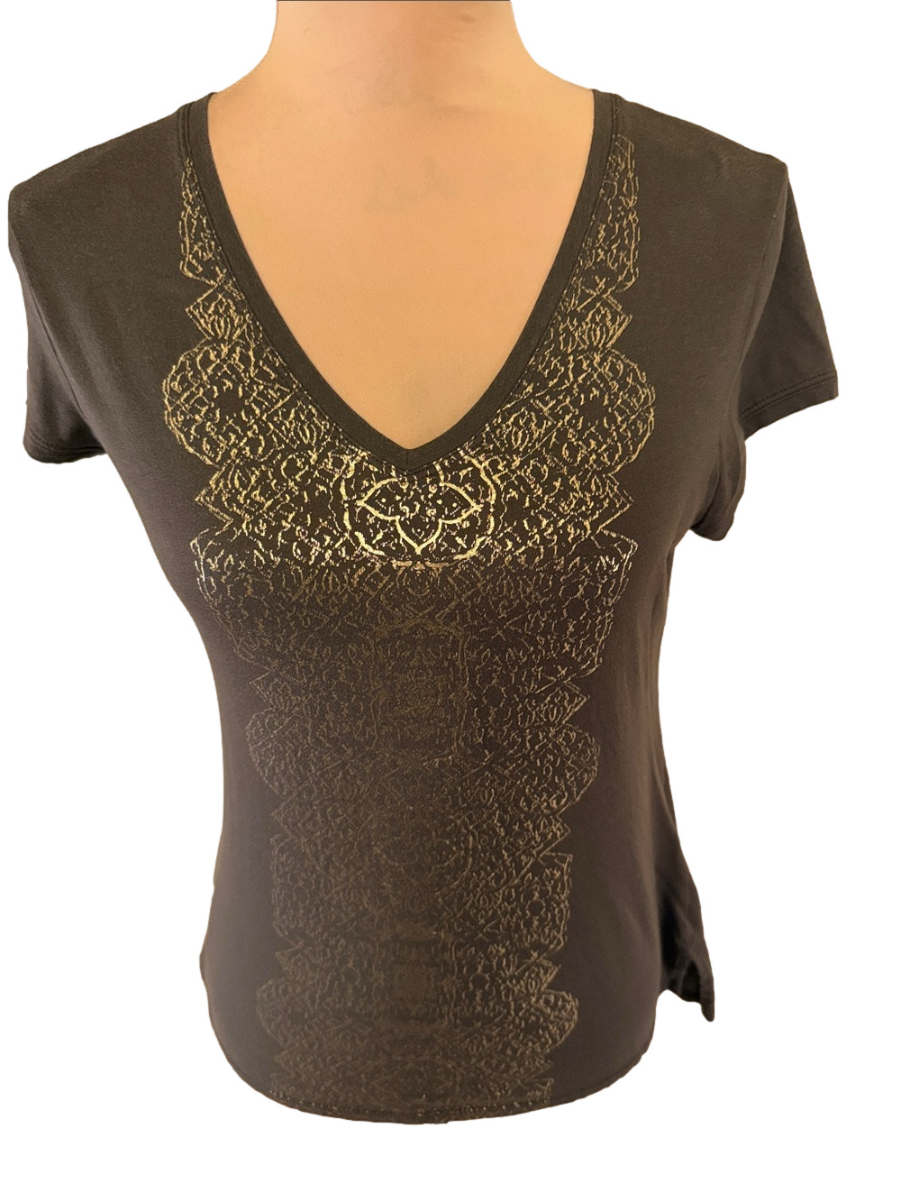 Women's V-Neck Short Sleeve Top with Metallic Gold Print